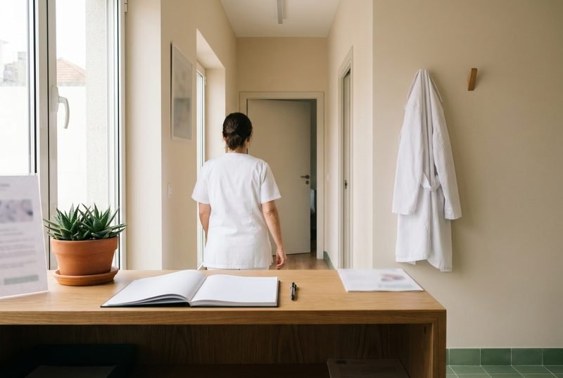 Receção de uma clínica pequena com uma funcionária de túnica branca de costas