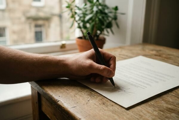 Mão a assinar um documento com uma caneta