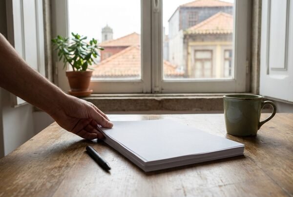 Documentos e uma caneta em cima de uma mesa de reunião