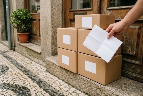 Caixas de cartão à porta de uma loja e uma mão com uma guia de remessa dobrada