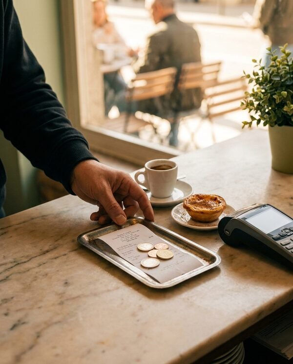 Balcão de café no Porto com conta, café e terminal de pagamento